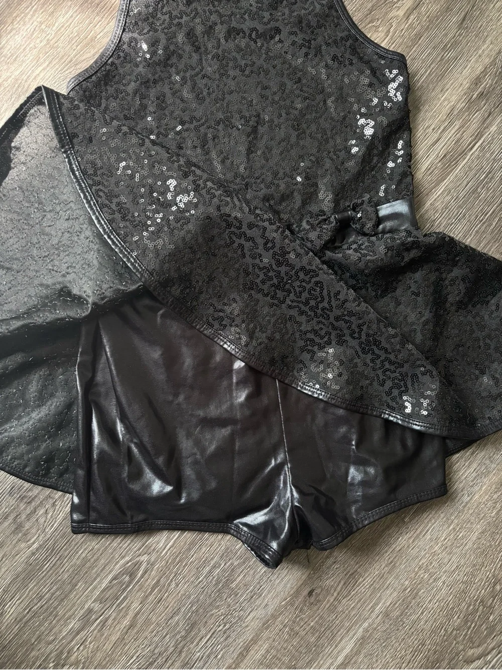 Girls Black Sequin Dance Skater Costume with Satin Waist